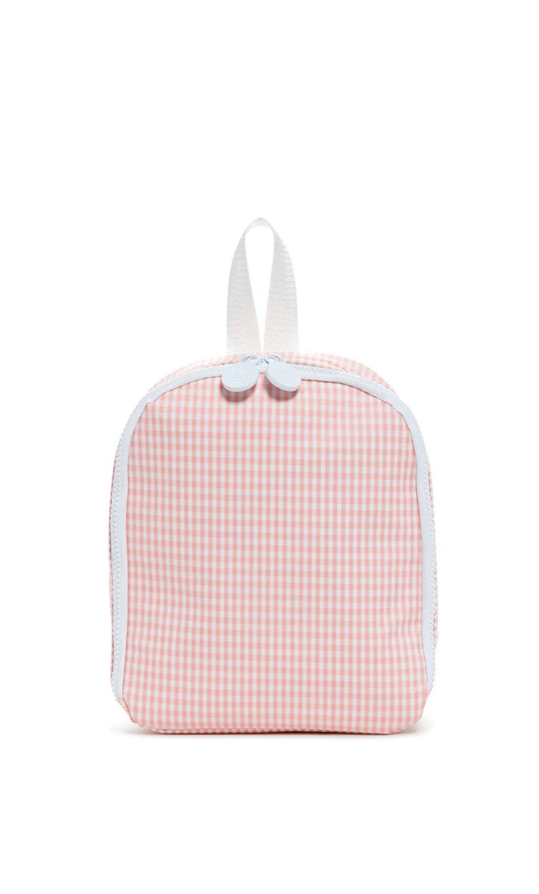 Pink gingham lunch box with white straps on a white background