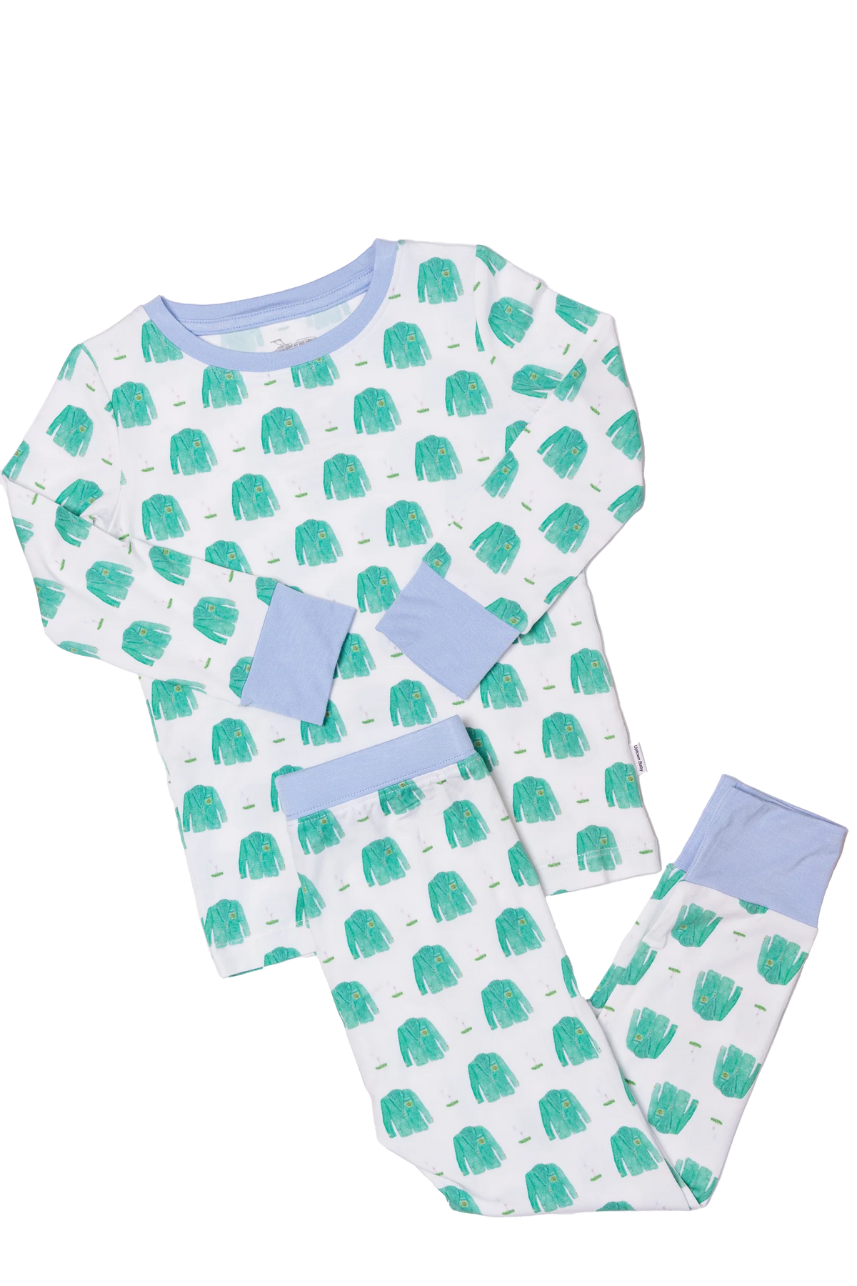 Children's pajama set with green coat pattern on a white background