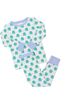 Children's pajama set with green coat pattern on a white background