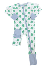 Baby onesie with green coat pattern and blue accents on a white background