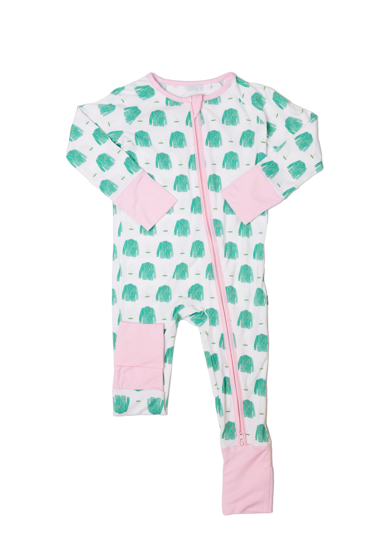 Baby onesie with green and pink pattern on a white background