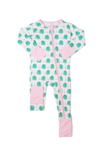 Baby onesie with green and pink pattern on a white background