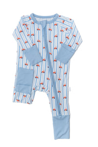Baby onesie with red tractor pattern on a white background