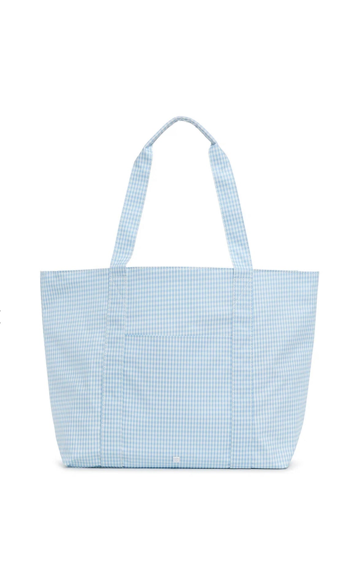 A blue gingham tote bag with a white zipper closure and satin webbing handles.