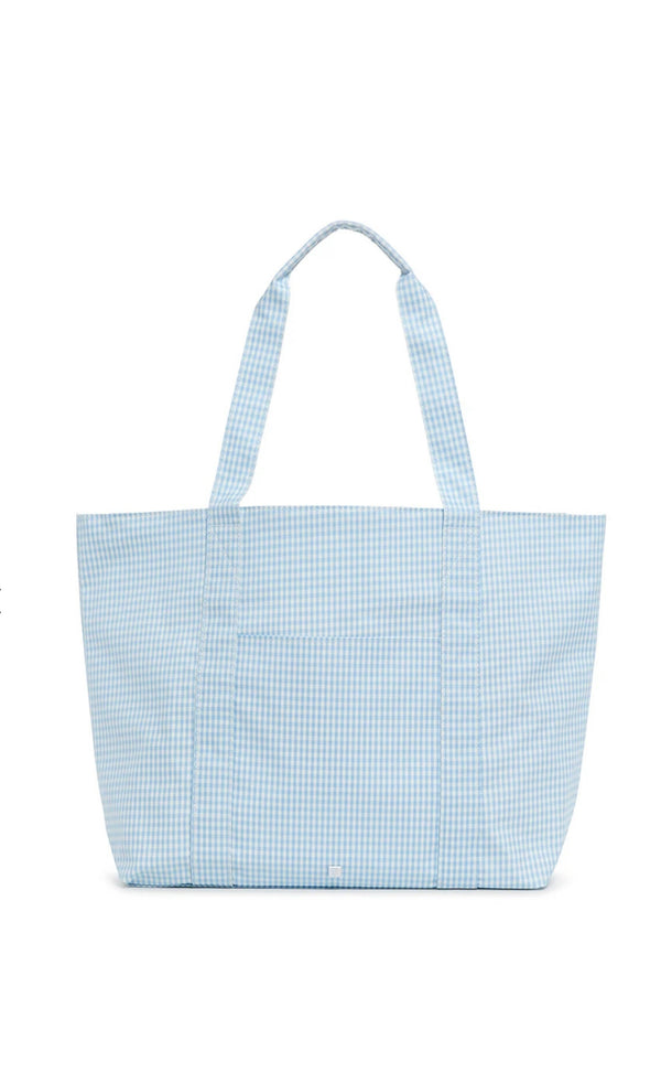 A blue gingham tote bag with a white zipper closure and satin webbing handles.