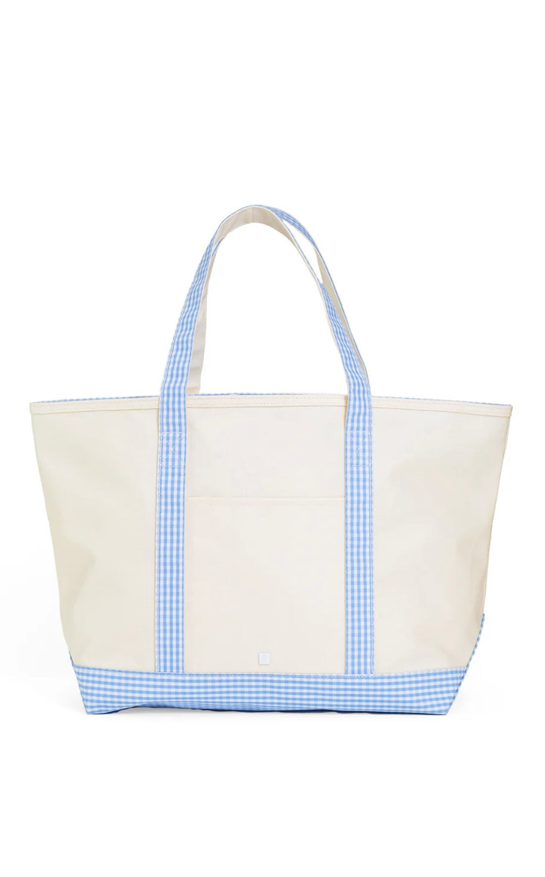 A large canvas tote bag with blue gingham trim on the handles and bottom, with a white background.