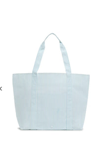Light blue striped tote bag on a white background