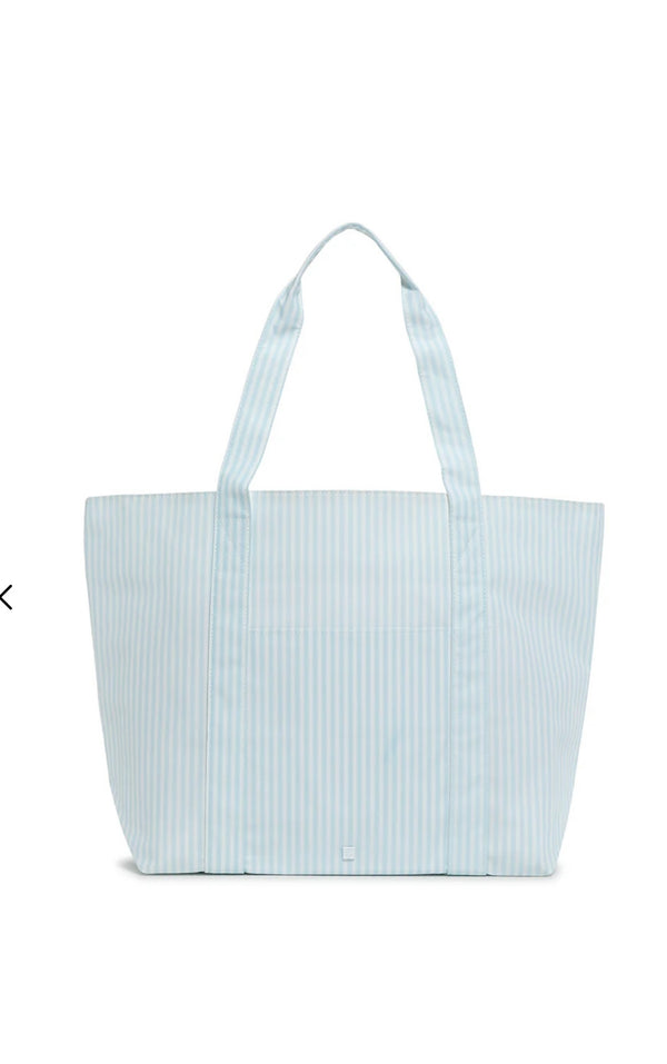 Light blue striped tote bag on a white background