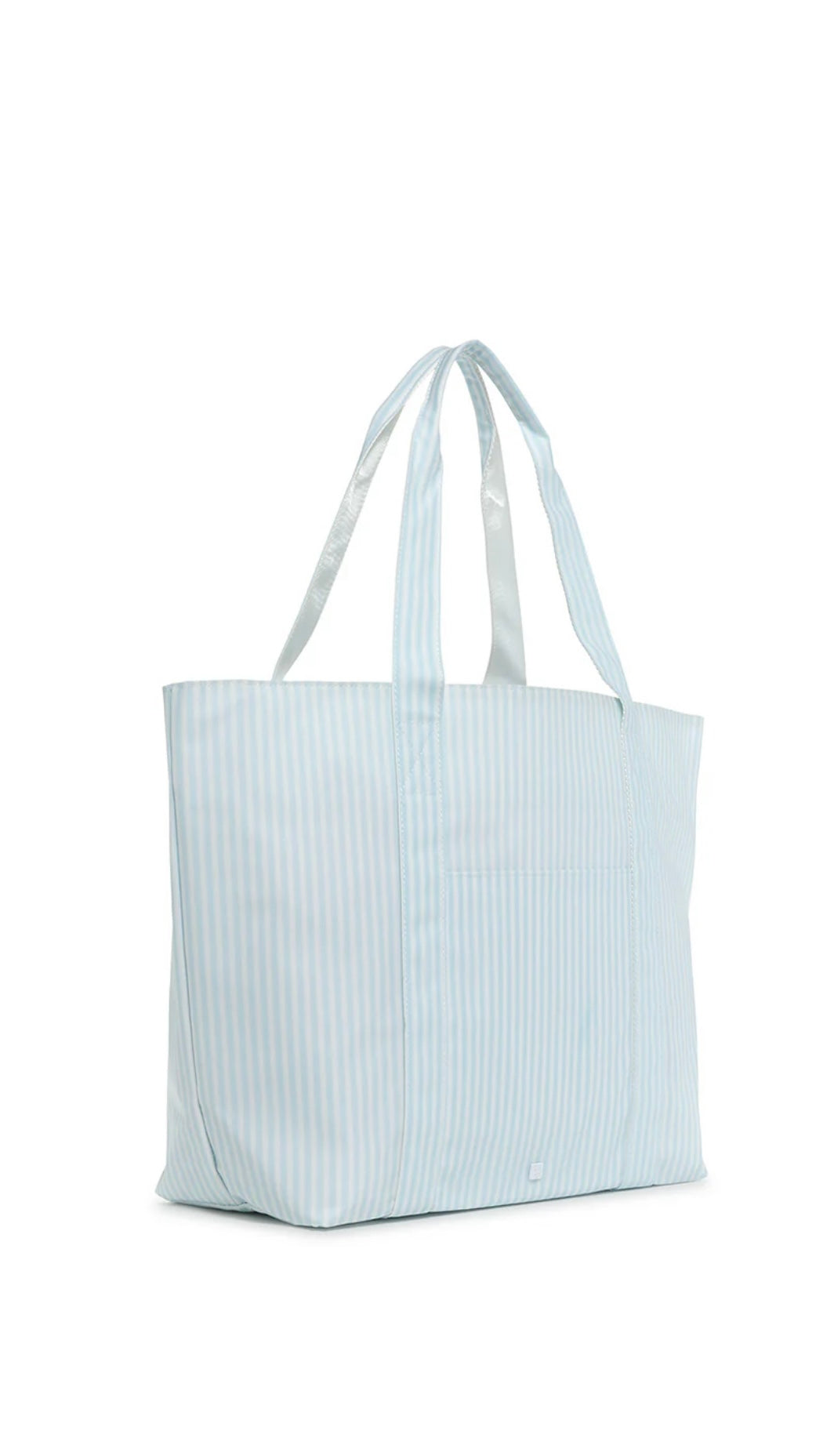 Light blue tote bag with white stripes on a white background