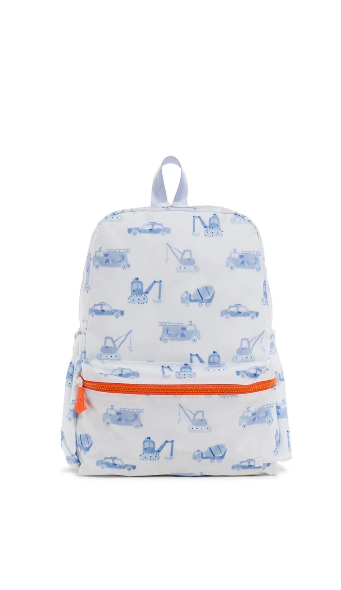 Backpack with blue construction patterns on a white background