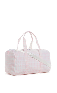 White duffel bag with a subtle plaid pattern on a white background