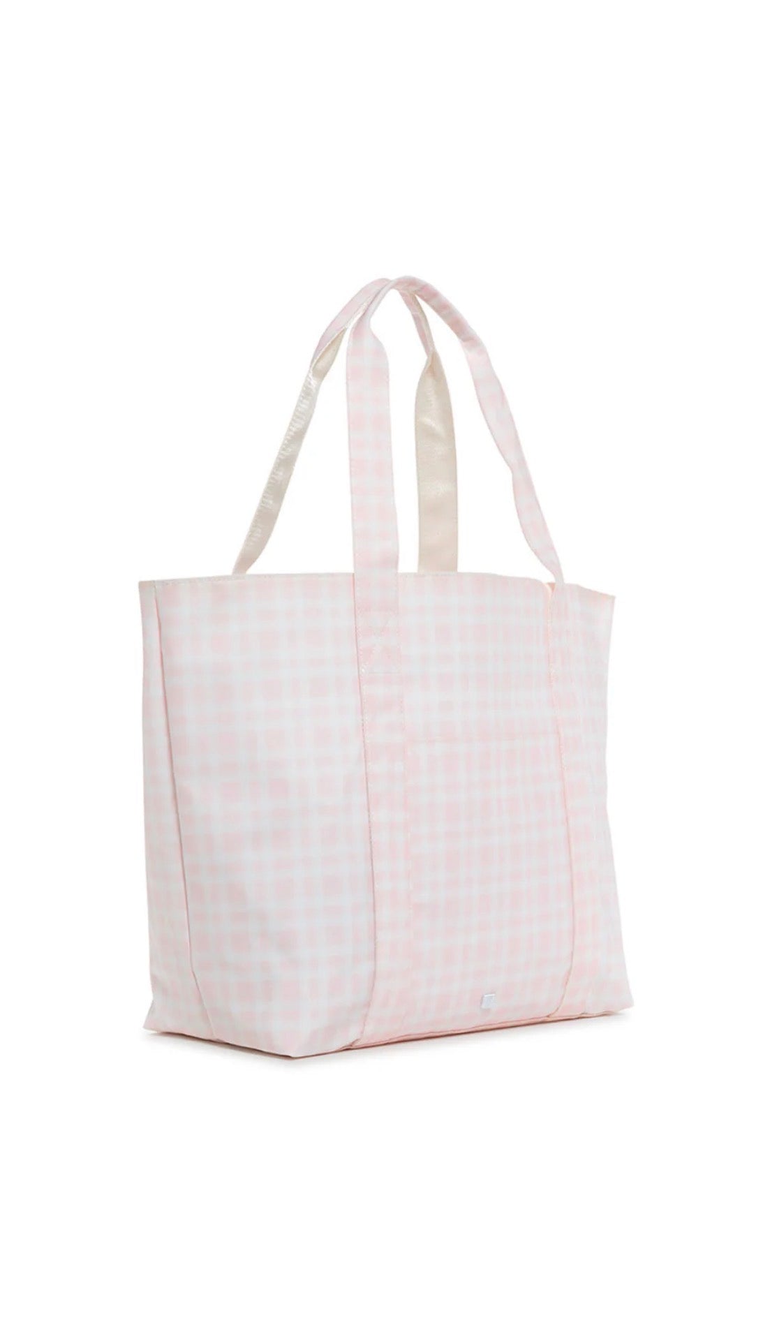 Pink plaid tote bag on a white background