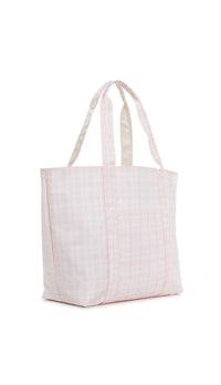 Pink plaid tote bag on a white background
