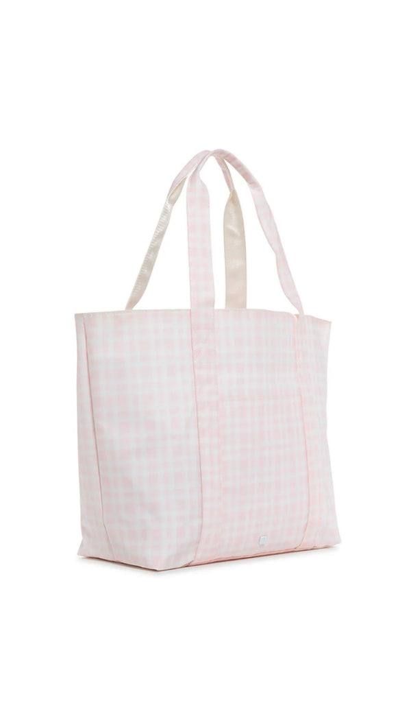 Pink plaid tote bag on a white background