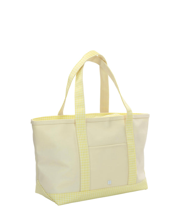 Beige tote bag with yellow trim on a white background