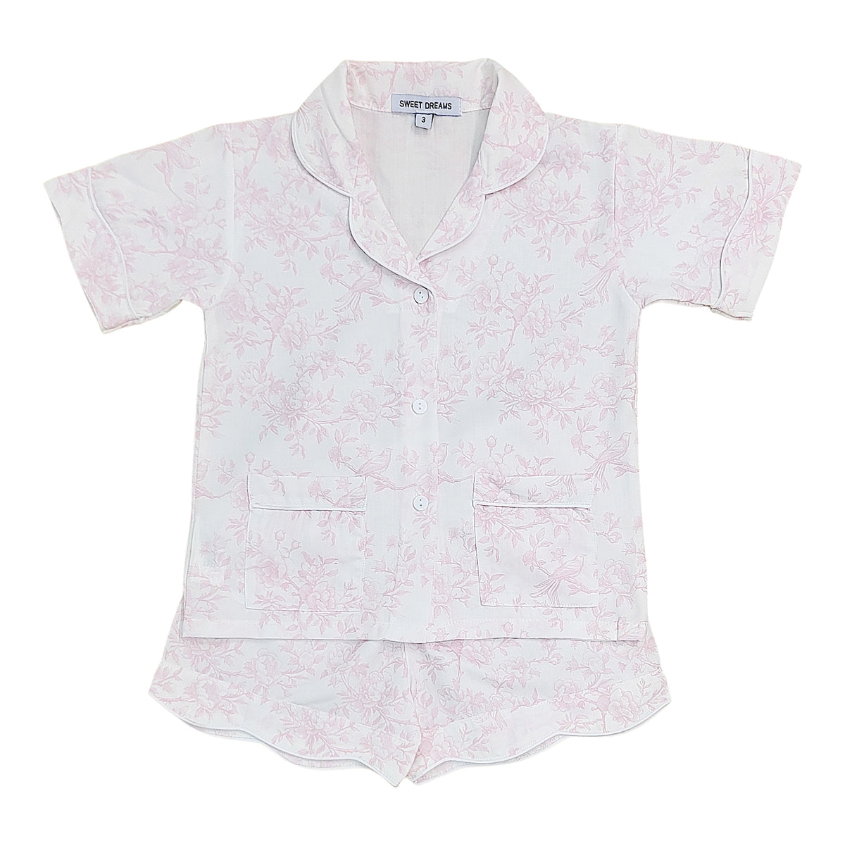 Adult pajama set with pink floral pattern on a white background