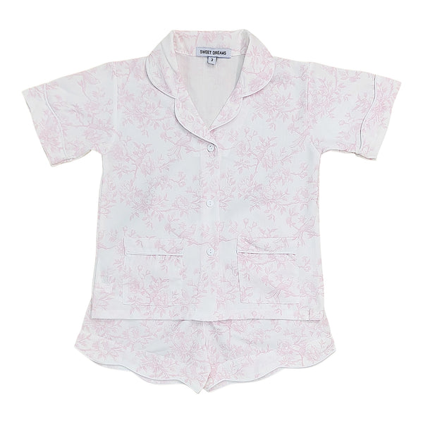 Adult pajama set with pink floral pattern on a white background