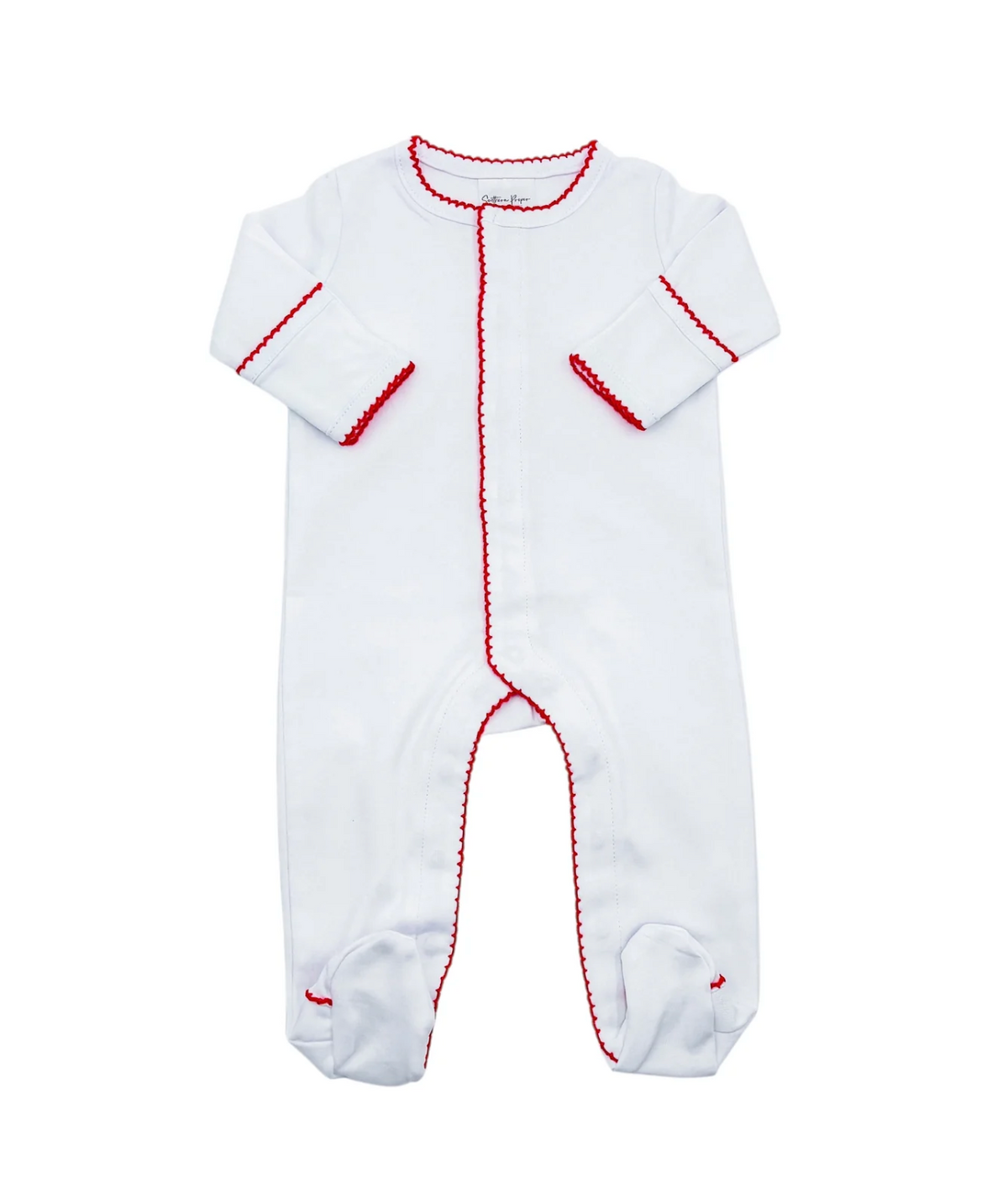 White baby onesie with red stitching on a white background