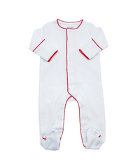 White baby onesie with red stitching on a white background