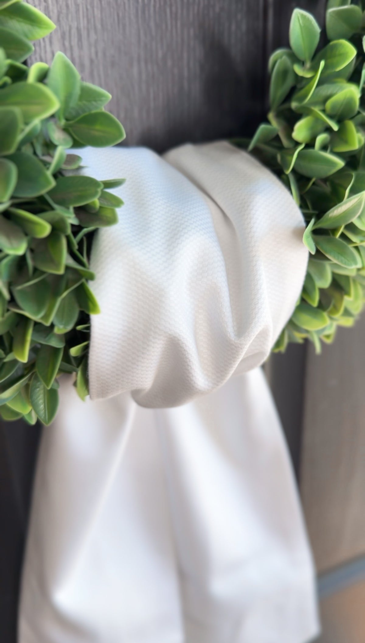 Green wreath with white ribbon on a plain background