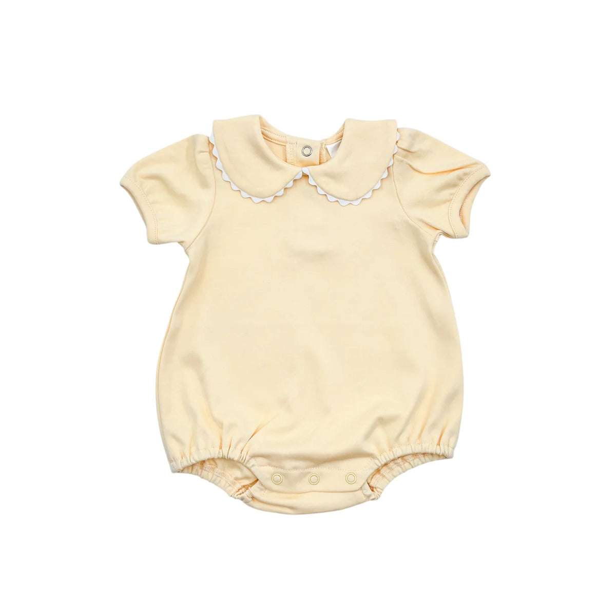 Yellow baby romper with ricrac  collar on a white background