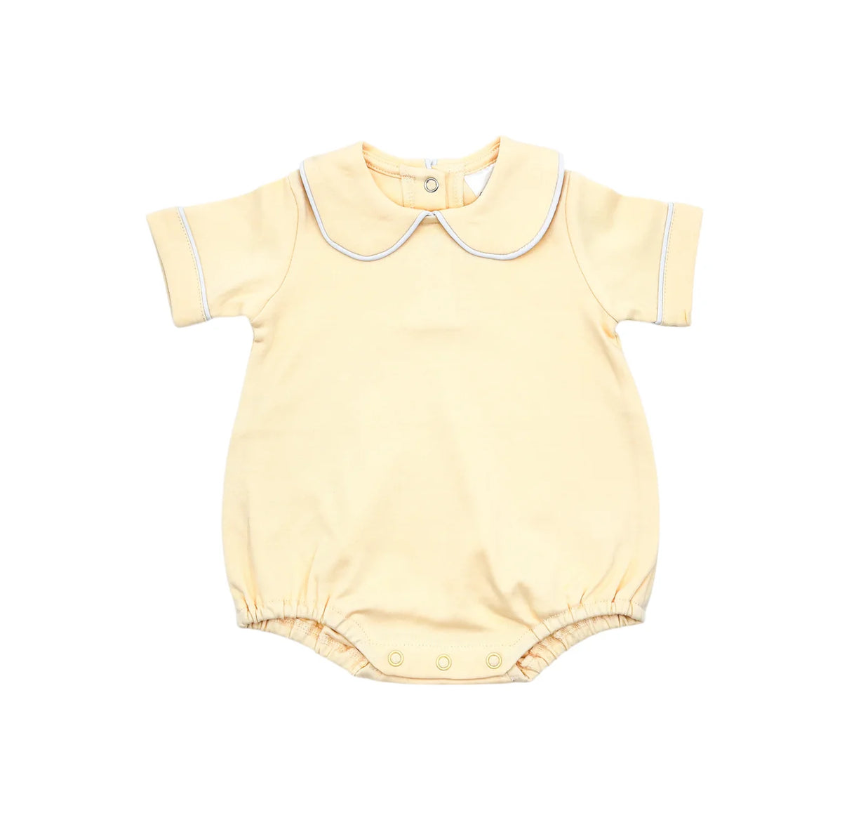 Yellow baby romper with white trim on a white background