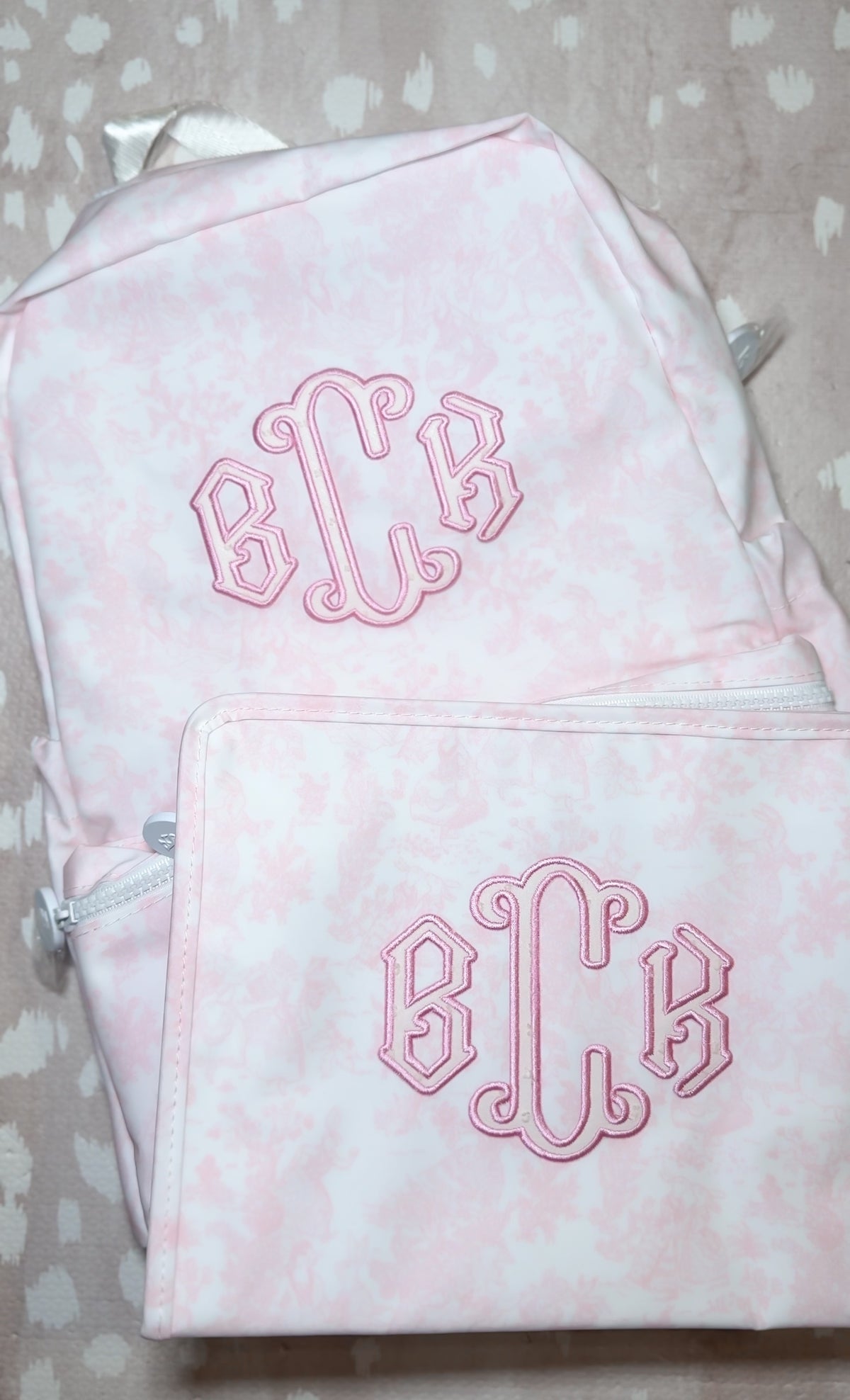 applique pink bunny toile roadie and backpack
