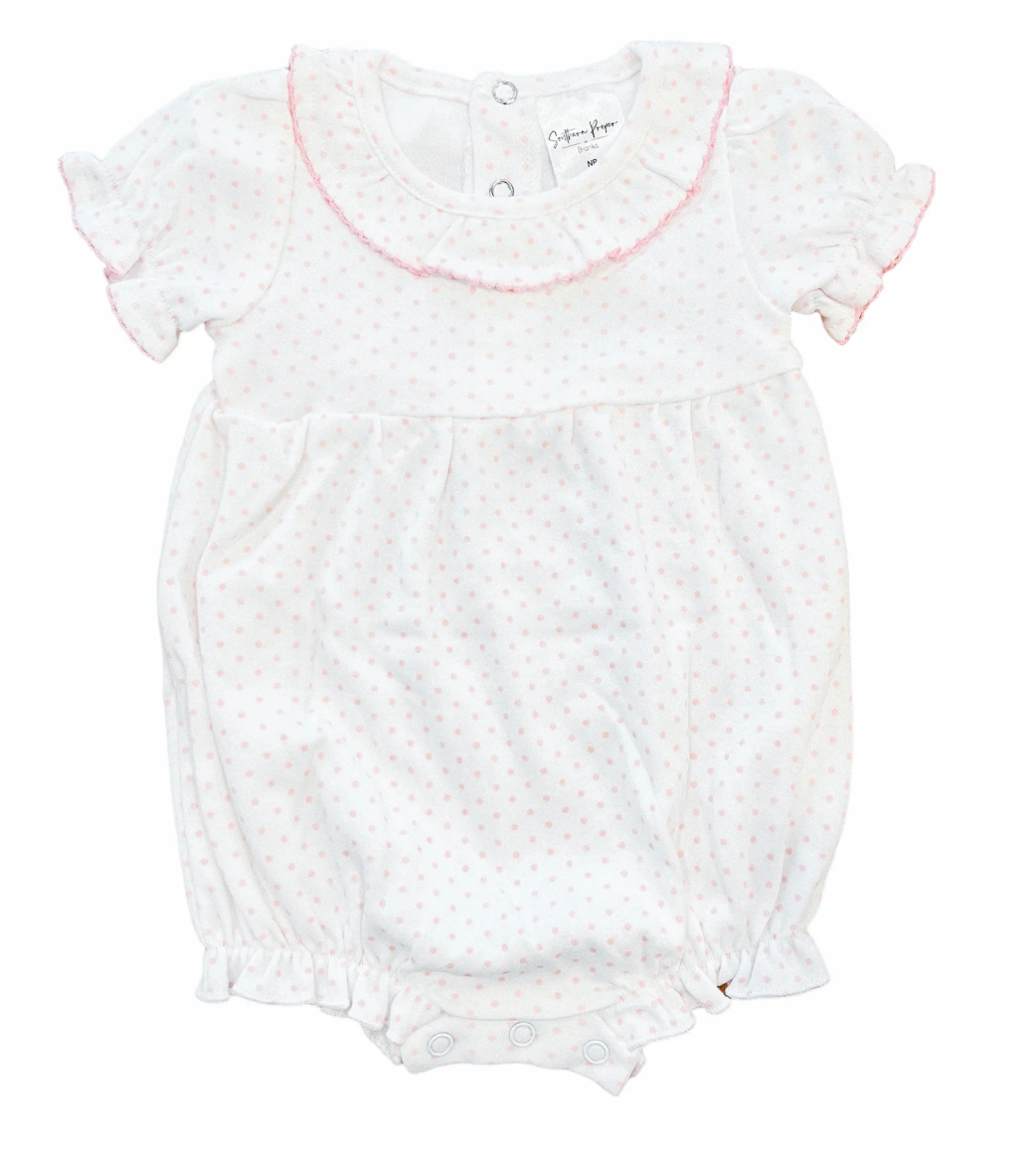 Pink polka dot bubble romper for baby, ready for monogramming