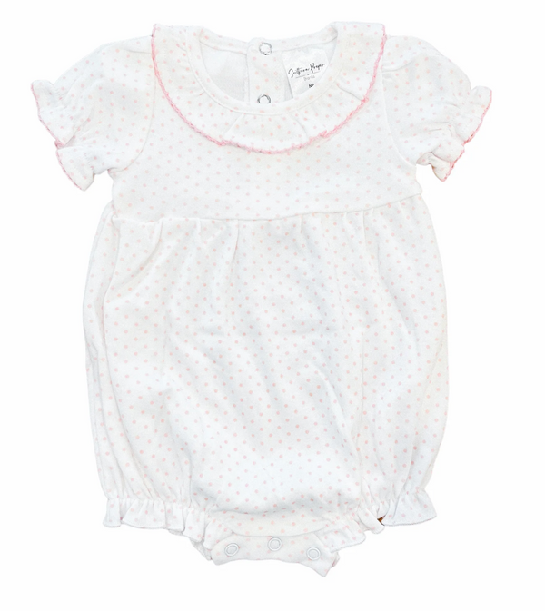 Pink polka dot bubble romper for baby, ready for monogramming