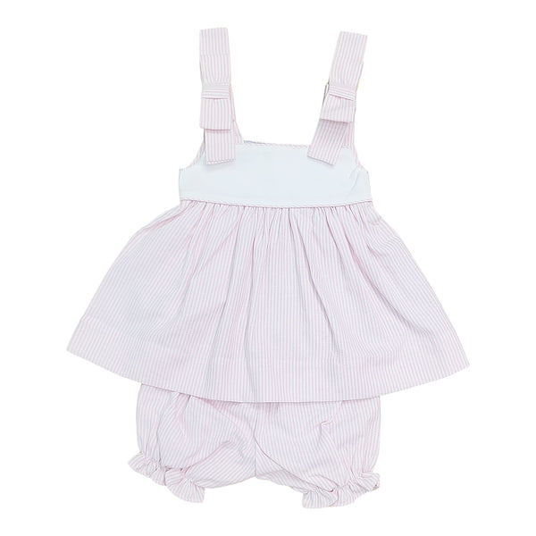 Baby dress with bow shoulders and bloomers in white and pink stripes on a white background