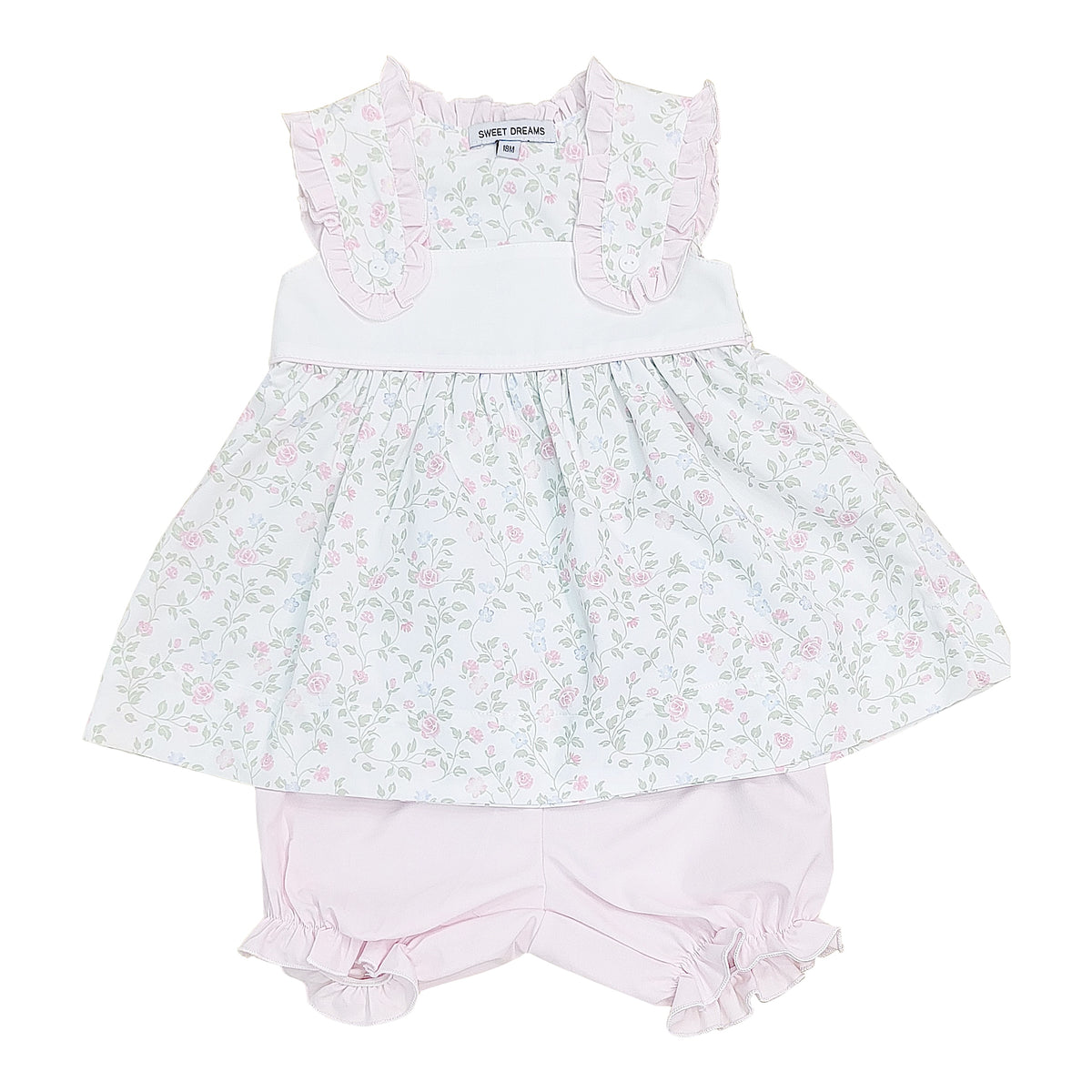 Pink ruffle trim floral bloomer set for baby