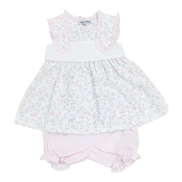 Pink ruffle trim floral bloomer set for baby