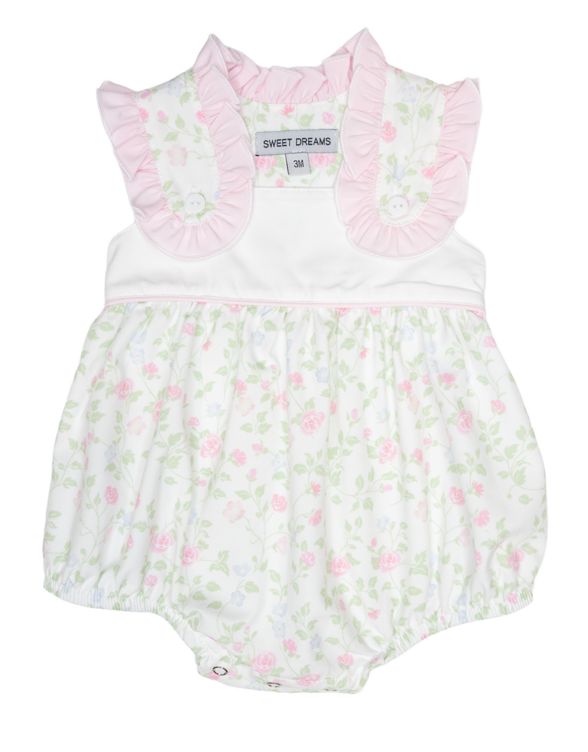Baby romper with floral pattern and pink ruffled collar on a hanger.