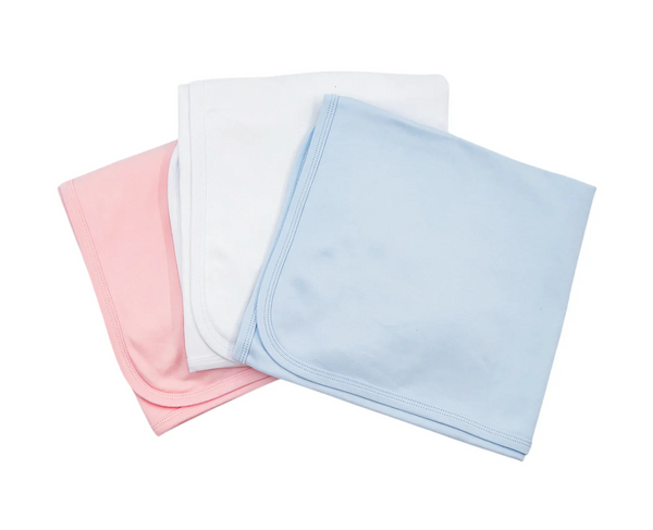 White plain edge baby blanket, available in blue