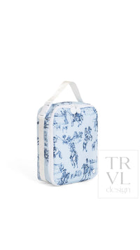Light blue cowboy toile print TRVL Lunch Box bag with white top handle, side view showing zip closure