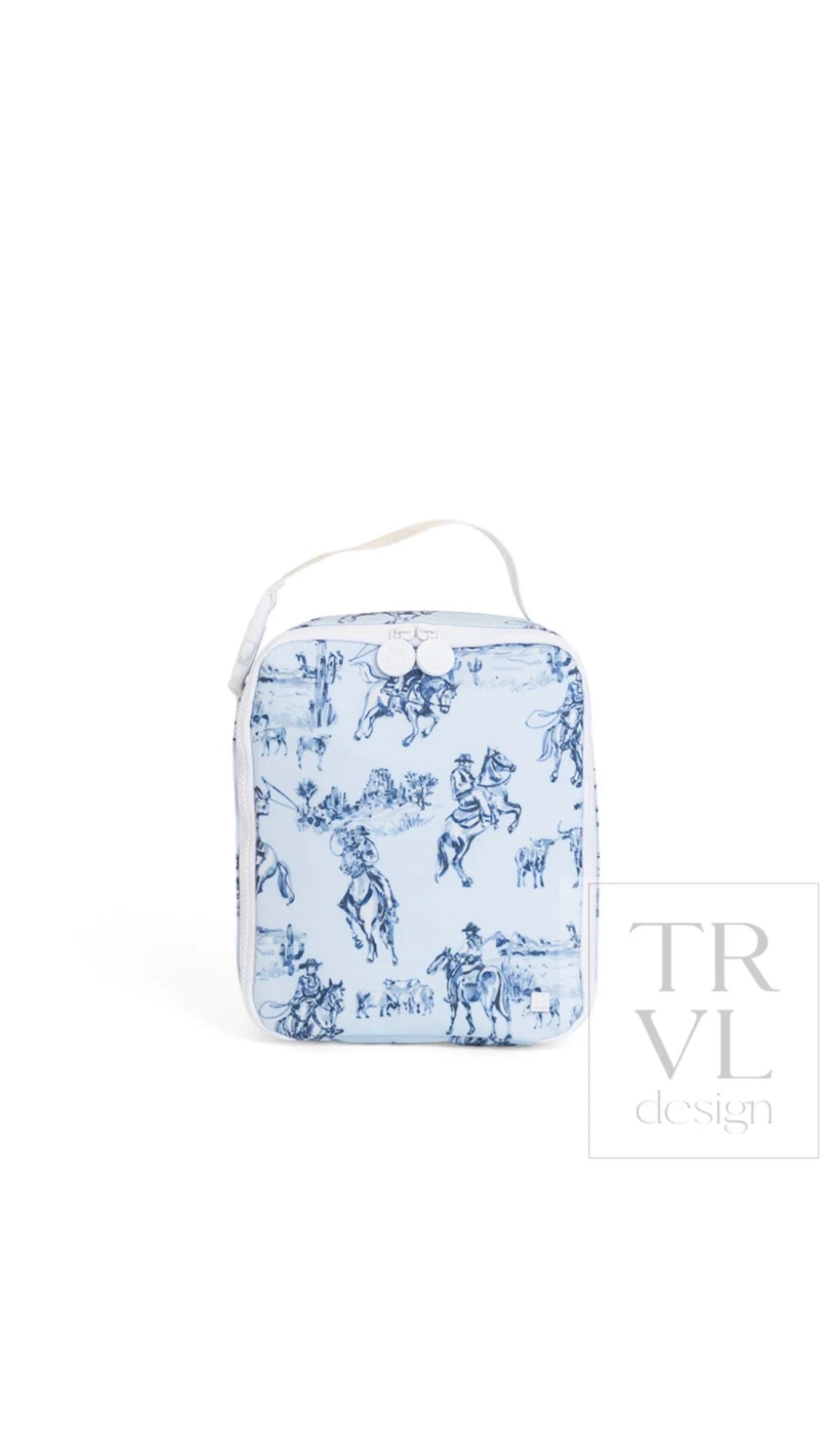 Light blue cowboy toile print TRVL Lunch Box bag with white top handle and snap closure, front view