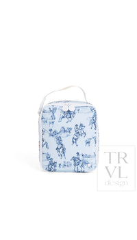 Light blue cowboy toile print TRVL Lunch Box bag with white top handle and snap closure, front view