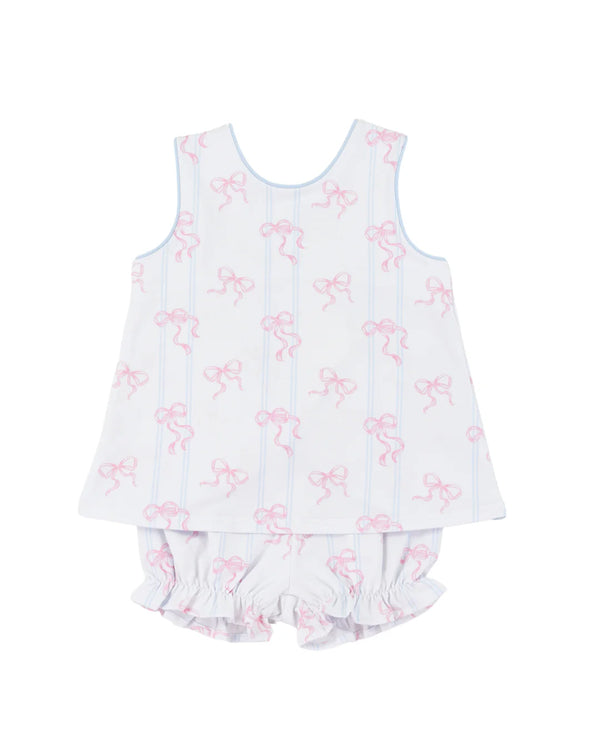 White 2 piece set with pink floral pattern on a white background