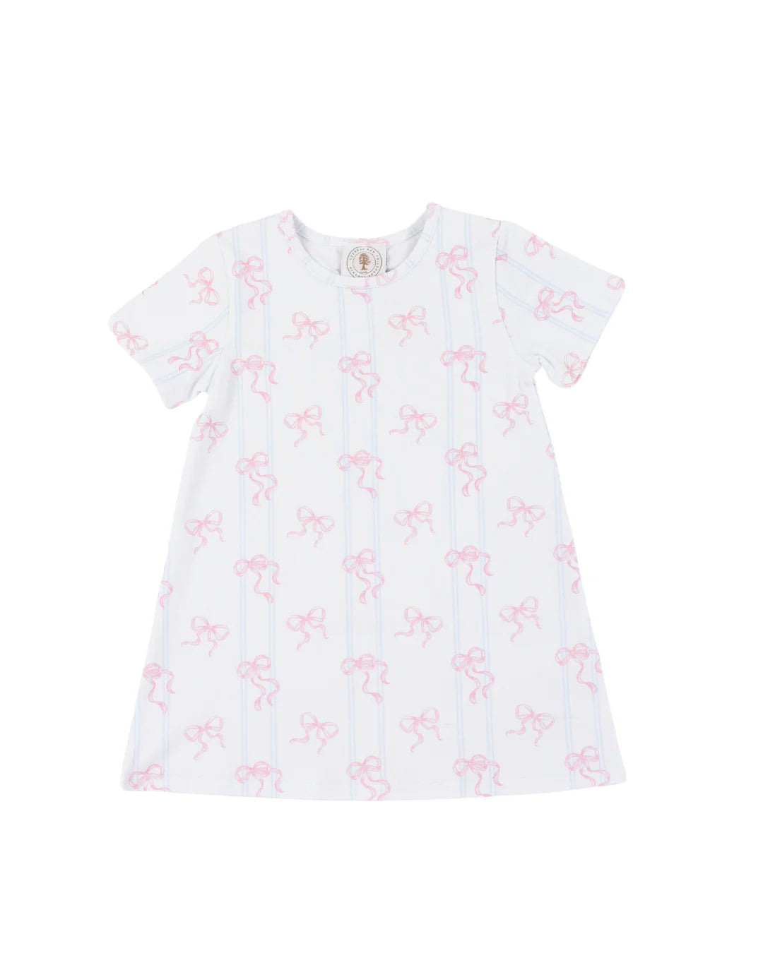 White dress with blue stripes and pink bows