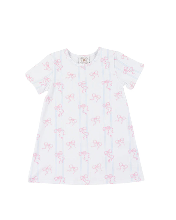 White dress with blue stripes and pink bows