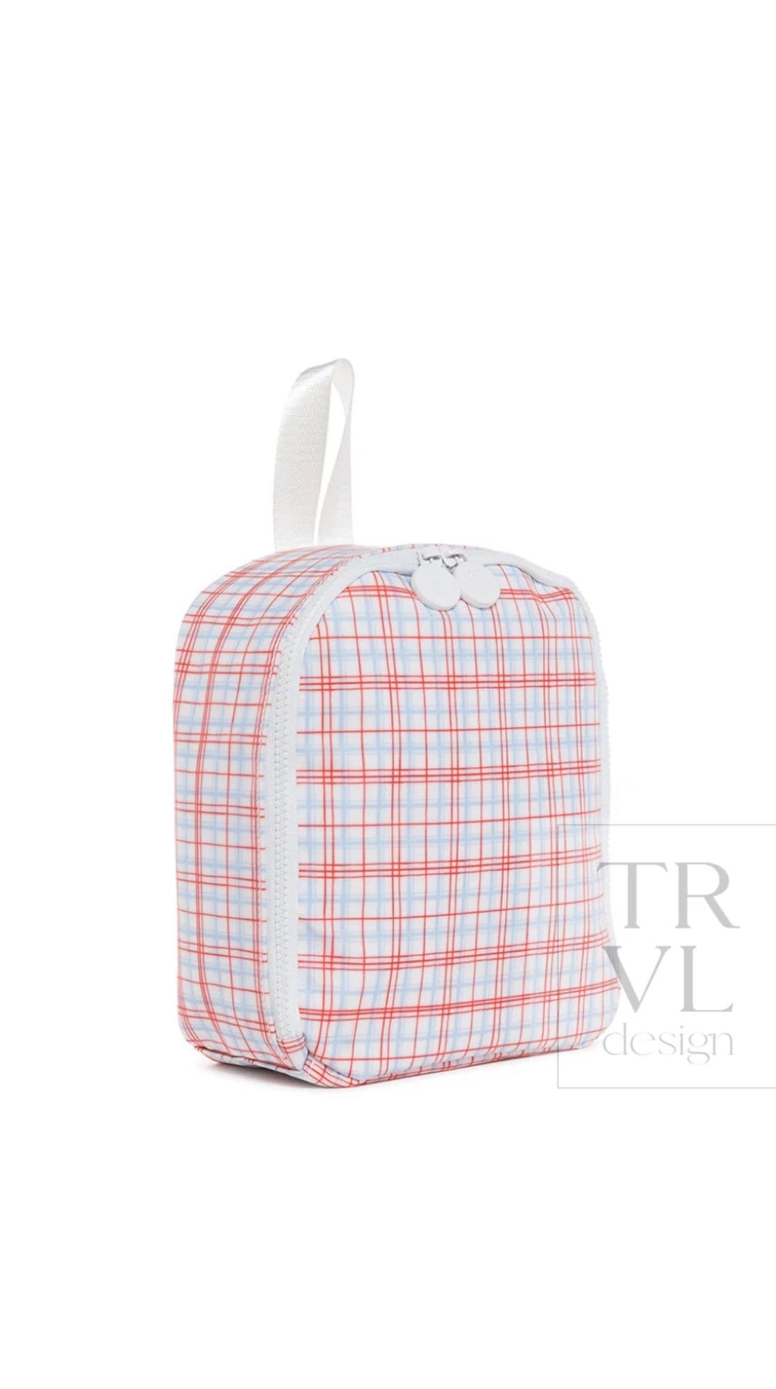 Red, white, and blue plaid TRVL Bring It lunch bag with white top handle, side view showing zipper