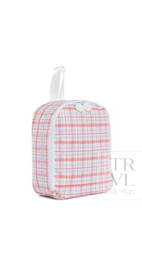 Red, white, and blue plaid TRVL Bring It lunch bag with white top handle, side view showing zipper