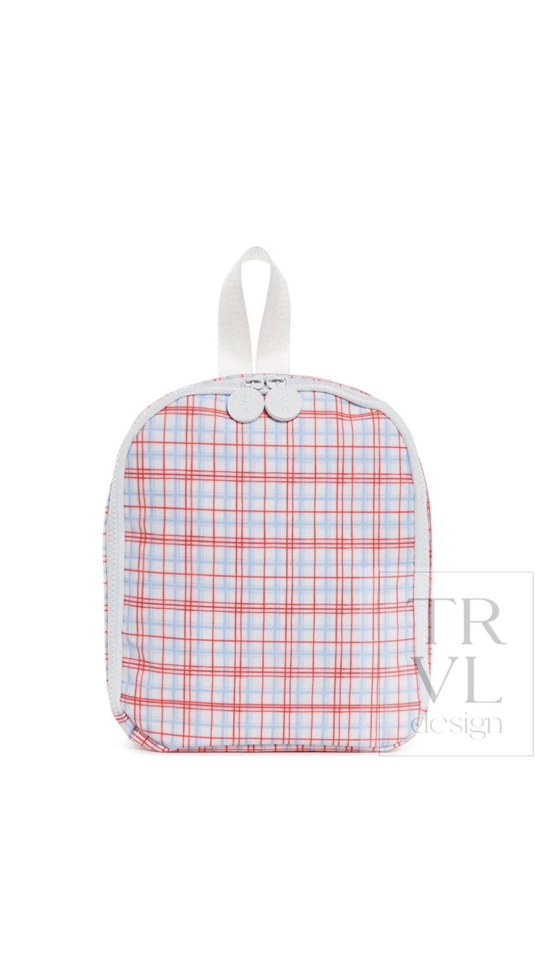 Red, white, and blue plaid TRVL Bring It lunch bag with white top handle and snap-button zip closure, front view