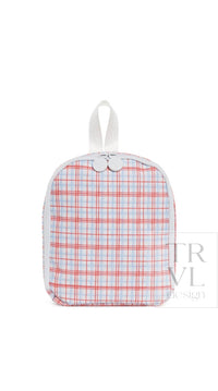 Red, white, and blue plaid TRVL Bring It lunch bag with white top handle and snap-button zip closure, front view