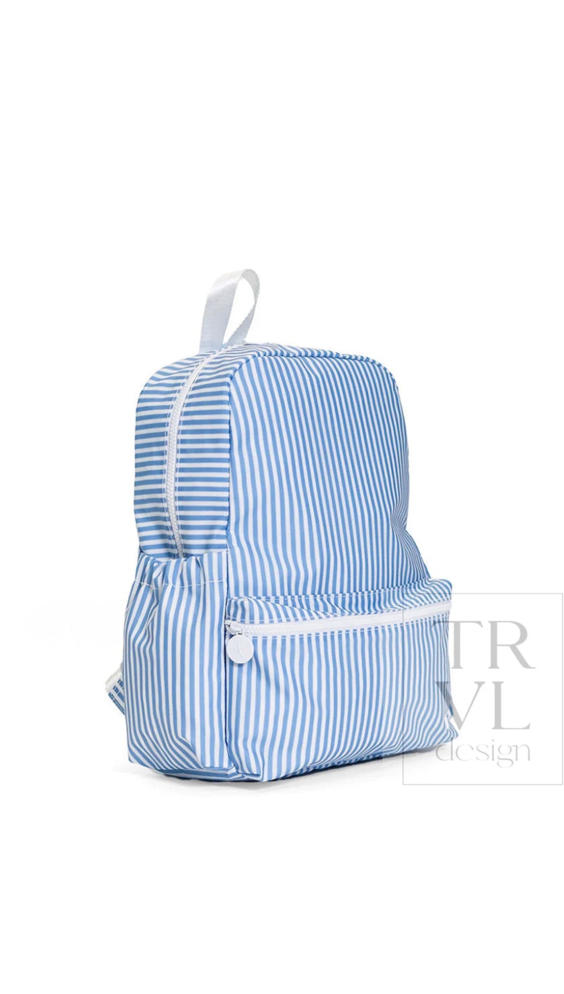 Chambray blue Pimlico stripe TRVL Backpacker bag
