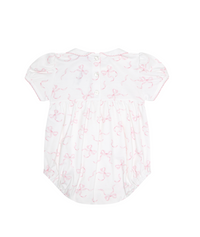 Pink bow smocked bubble romper for baby