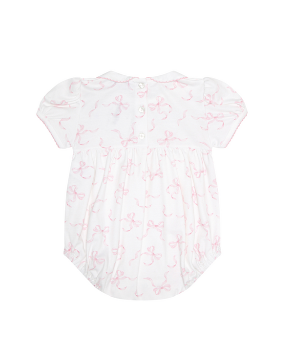 Pink bow smocked bubble romper for baby