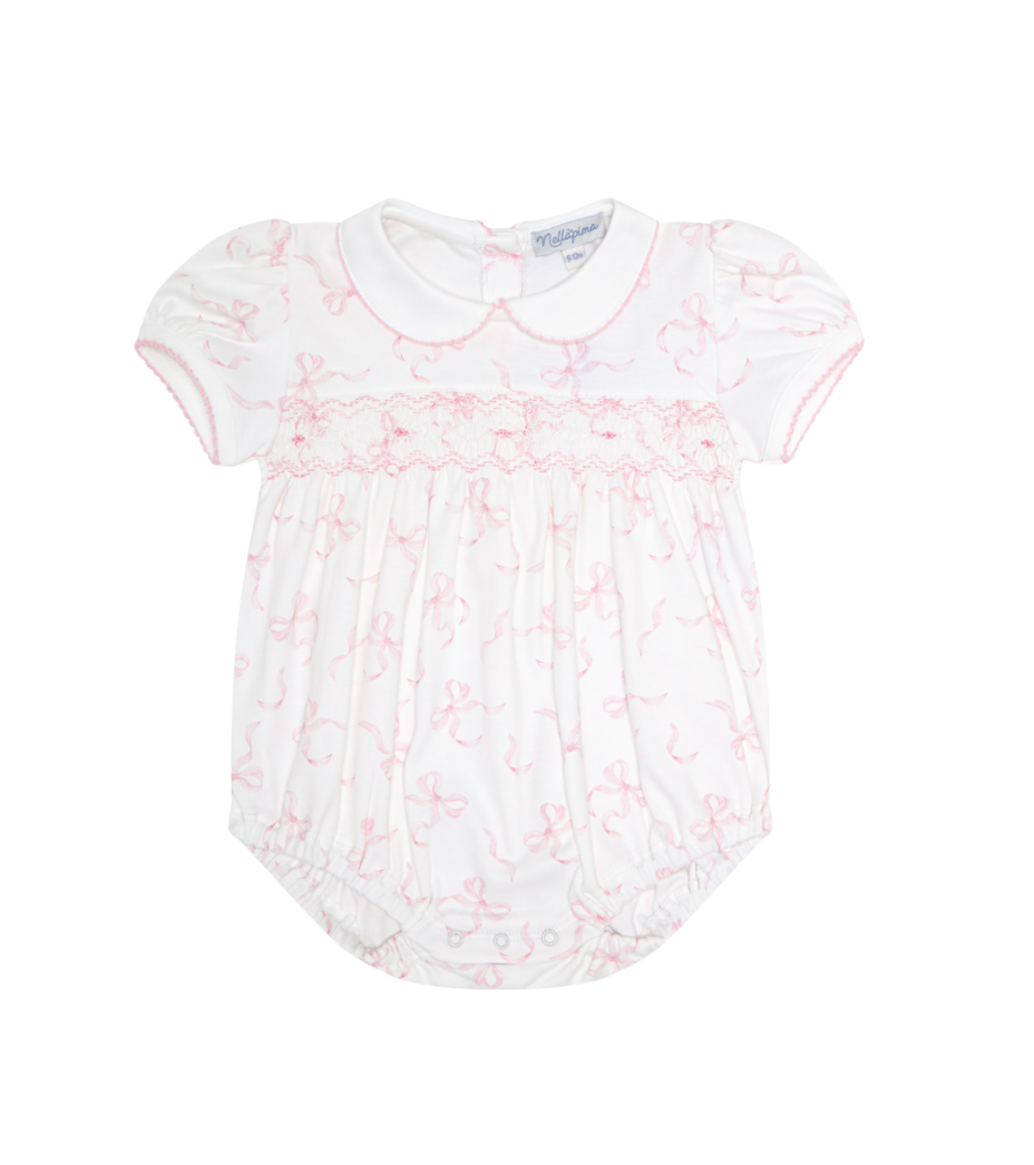 Pink bow smocked bubble romper for baby
