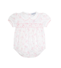 Pink bow smocked bubble romper for baby