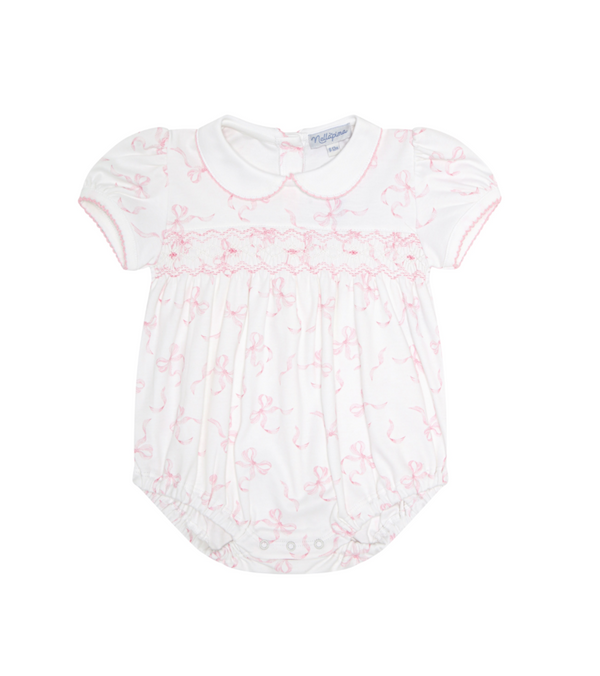 Pink bow smocked bubble romper for baby